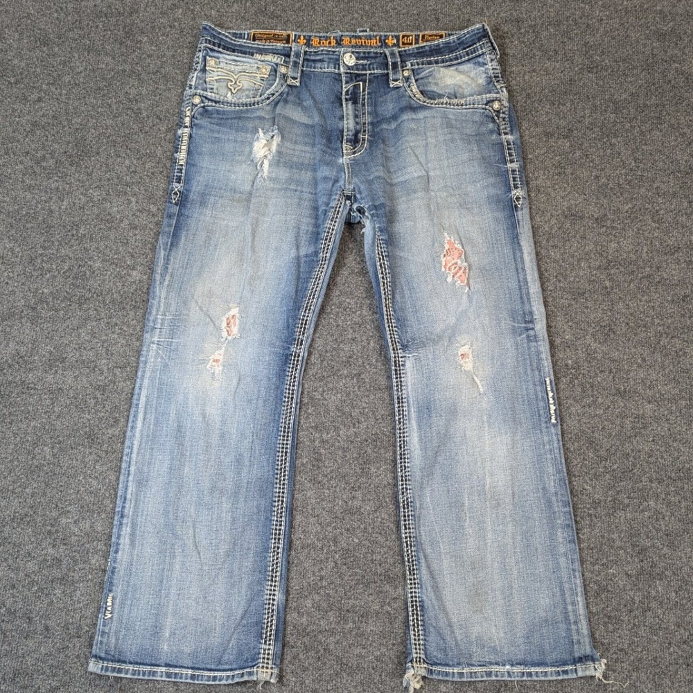 Rock Revival Flavian Relaxed Straight Jeans Mens 40 Blue Thrashed Distressed